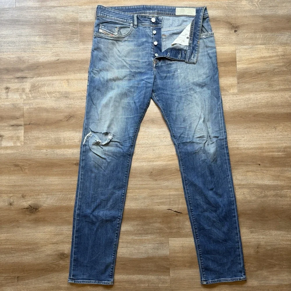 Diesel Buster Jeans‎ Men 33x32 Blue Slim Tapered Stretch Dirty Wash Ripped 082AZ